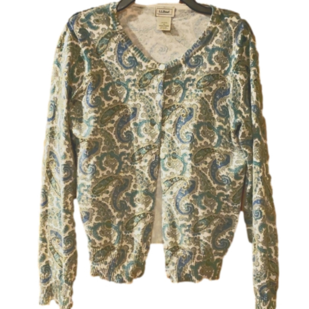 L.L. Bean paisley print cardigan green cream blue sweater Ladies Small